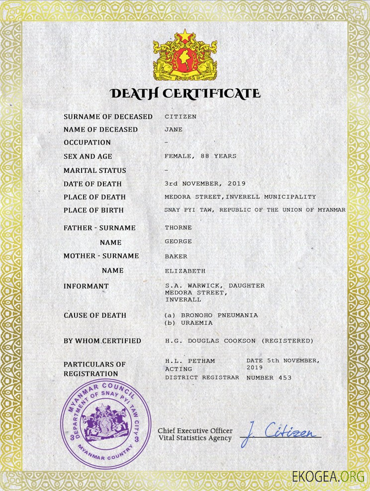 Modèle PSD de certificat de décès du Myanmar